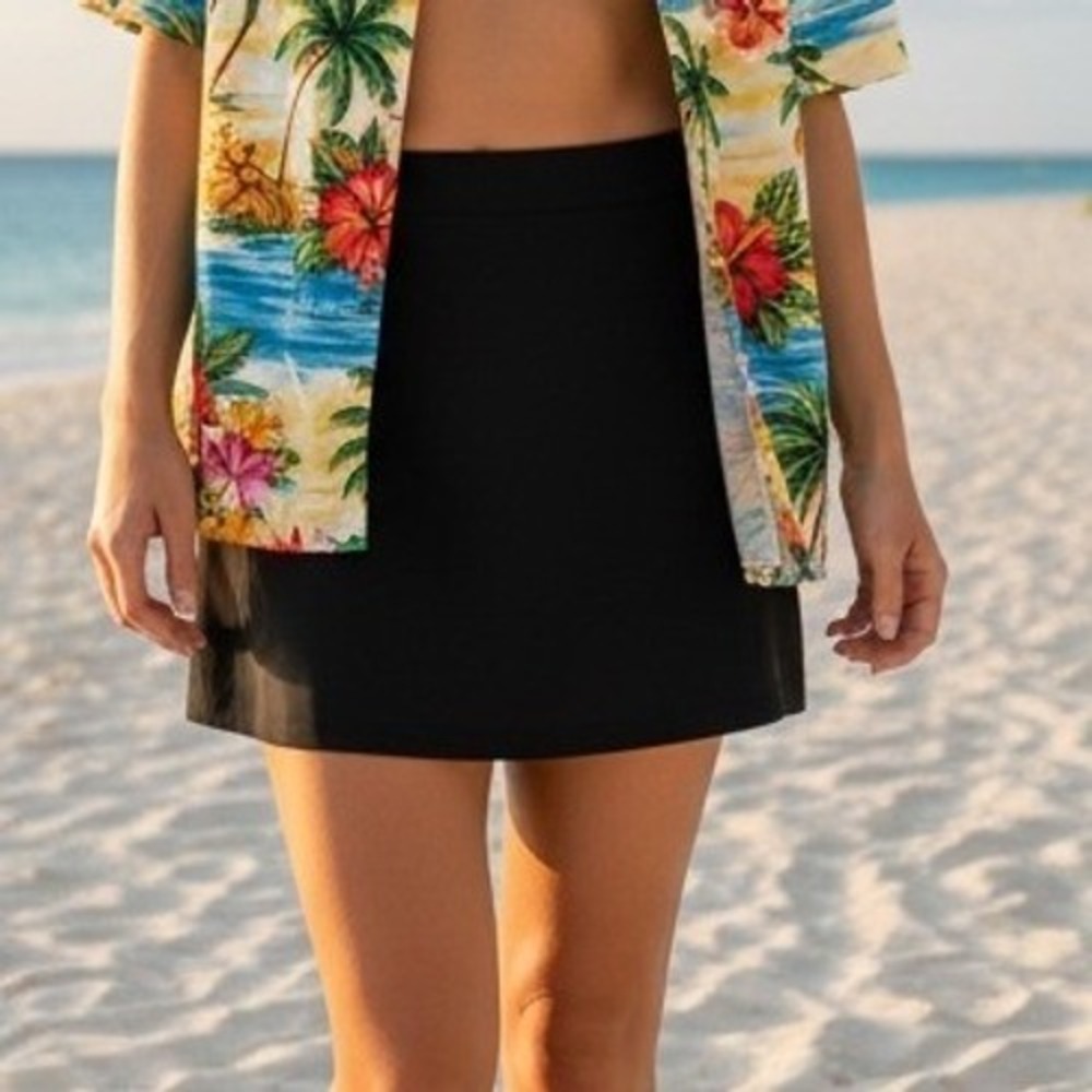 Paia Hawaii Black Swim Rip Skirt Swim Cover Mini Pleated Athletic Skirt Large
